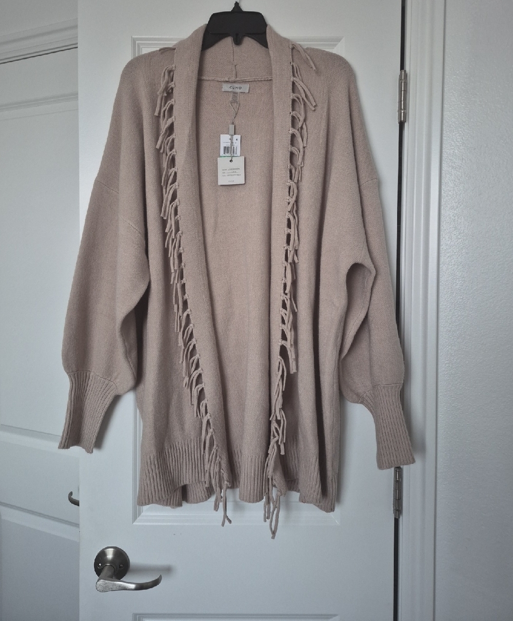 Cupio Taupe Fringe-Trim Open Cardigan